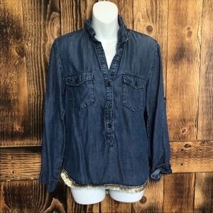 Cloth & Stone Chambray Gold Fringe Button Down Blouse Size Small